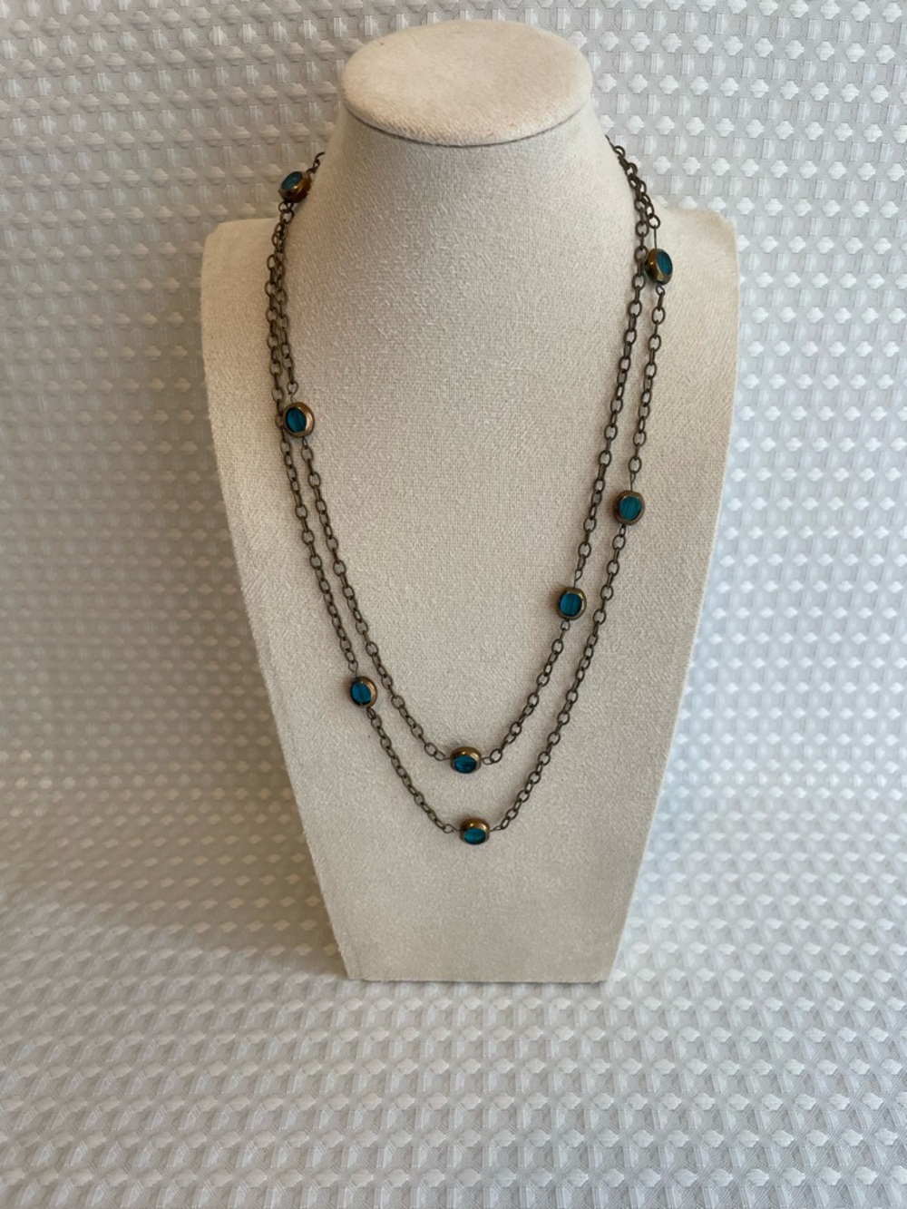 LAST‎ CHANCE! Long Antiqued Bronze Strand Station Necklace Teal Glass Cabochons